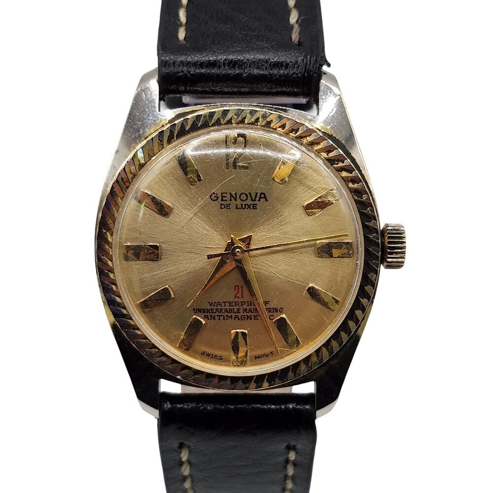 Genova De Luxe 21 Jewels Mechanical Watch Fluted Bezel & Black Leather Strap